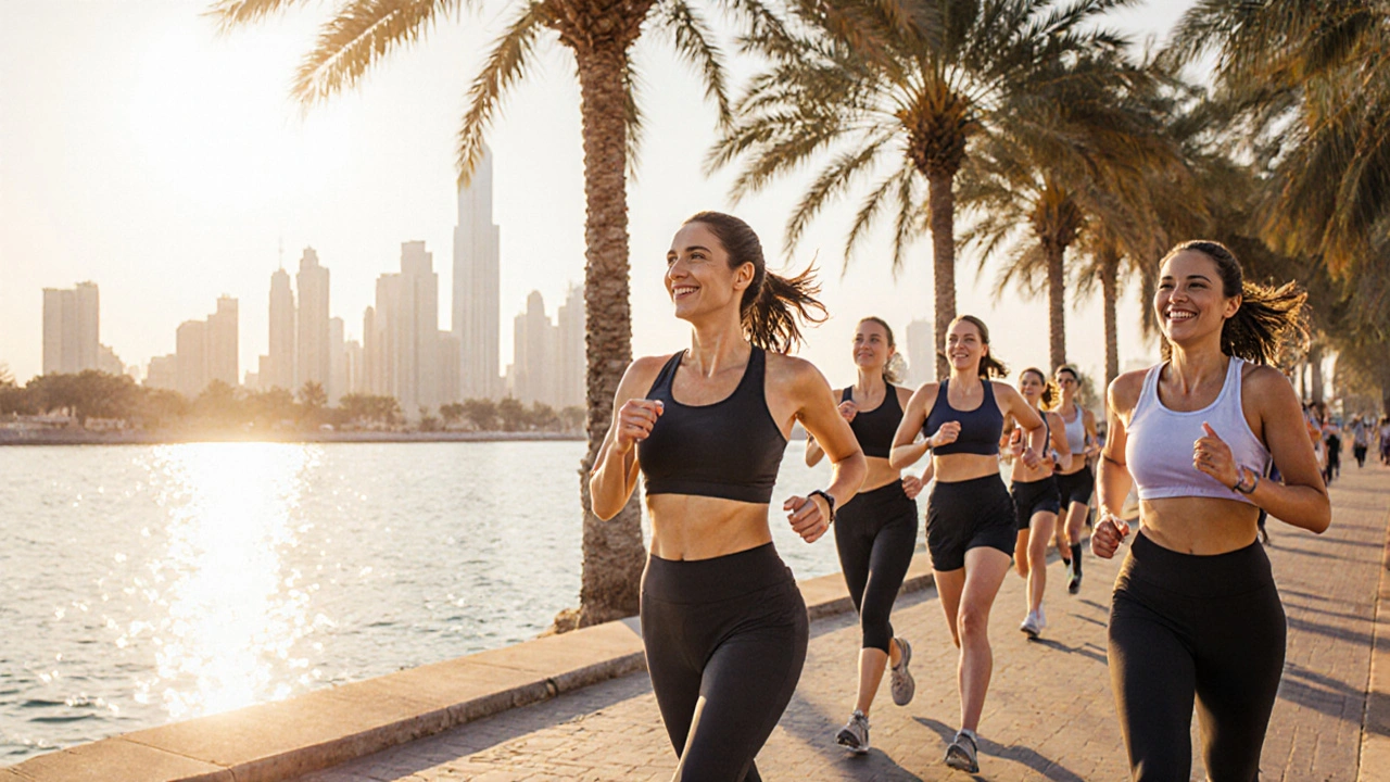 A group of women jogging along Dubai Creek at sunrise, peaceful and connected.