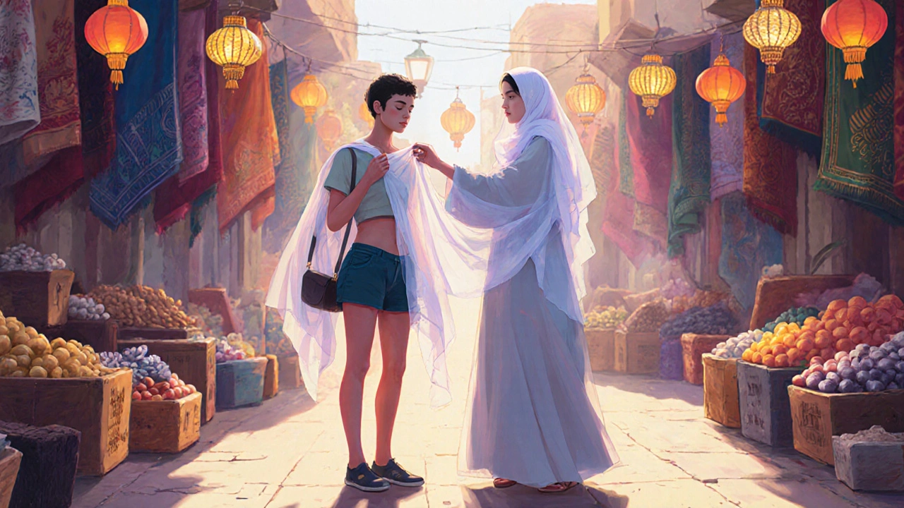 A local woman offering a shawl to a tourist dressed inappropriately in a Dubai market.