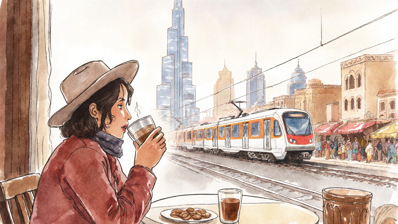 A person relaxing at a local Dubai café with metro and Burj Khalifa visible, blending budget travel and city grandeur.