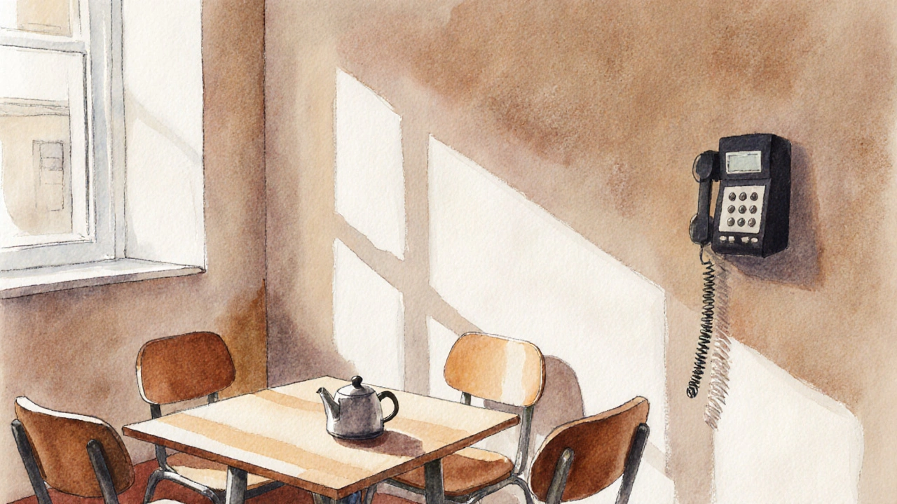 A quiet community room with a table, kettle, and phone, symbolizing safe peer support for sex workers.