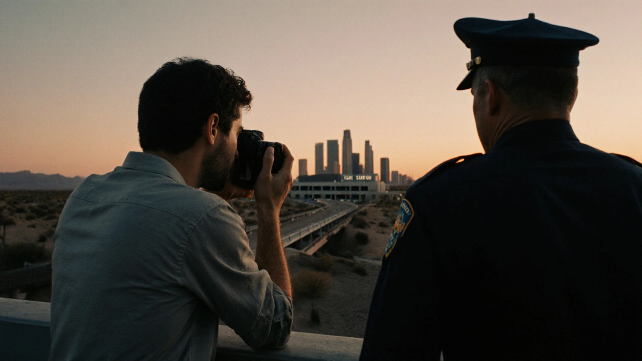 A tourist photographing a police station as an officer approaches from behind.