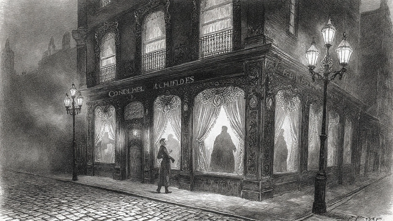 A Victorian-era Soho building with candlelit windows, disguised as a boarding house in foggy 19th-century London.