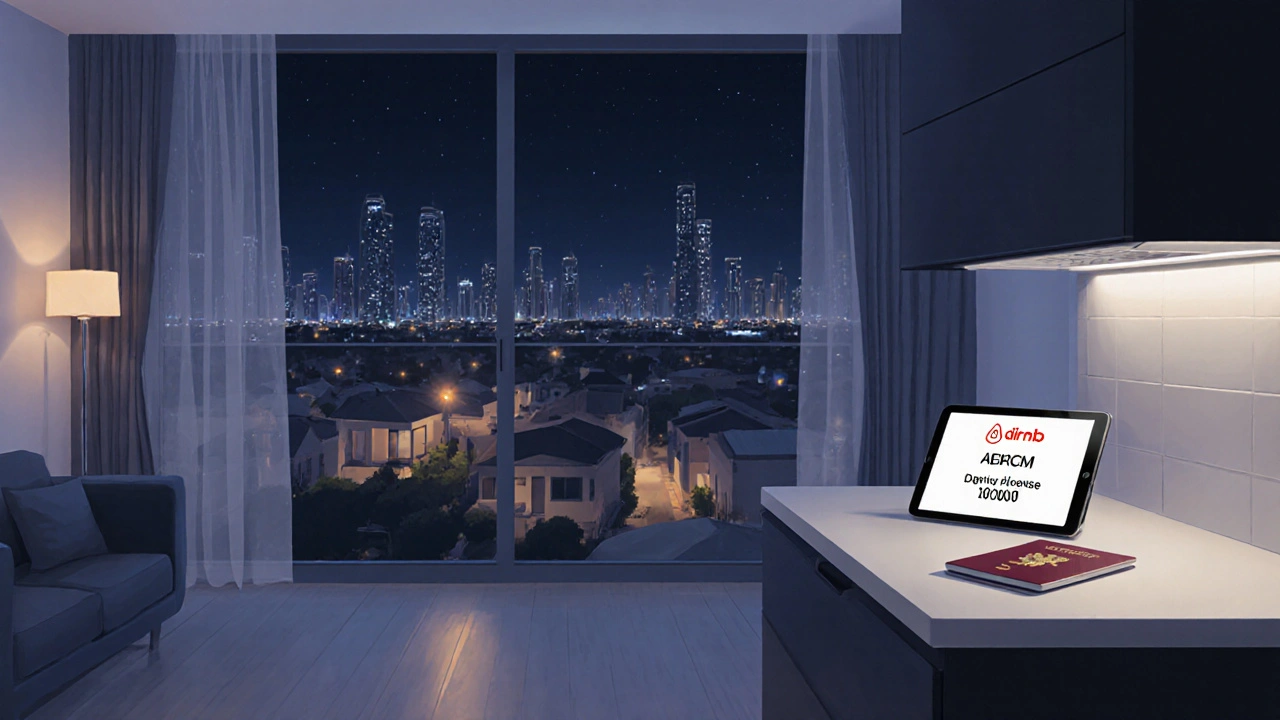 Airbnb apartment interior with passport and DTCM license number on counter, night view of residential area.