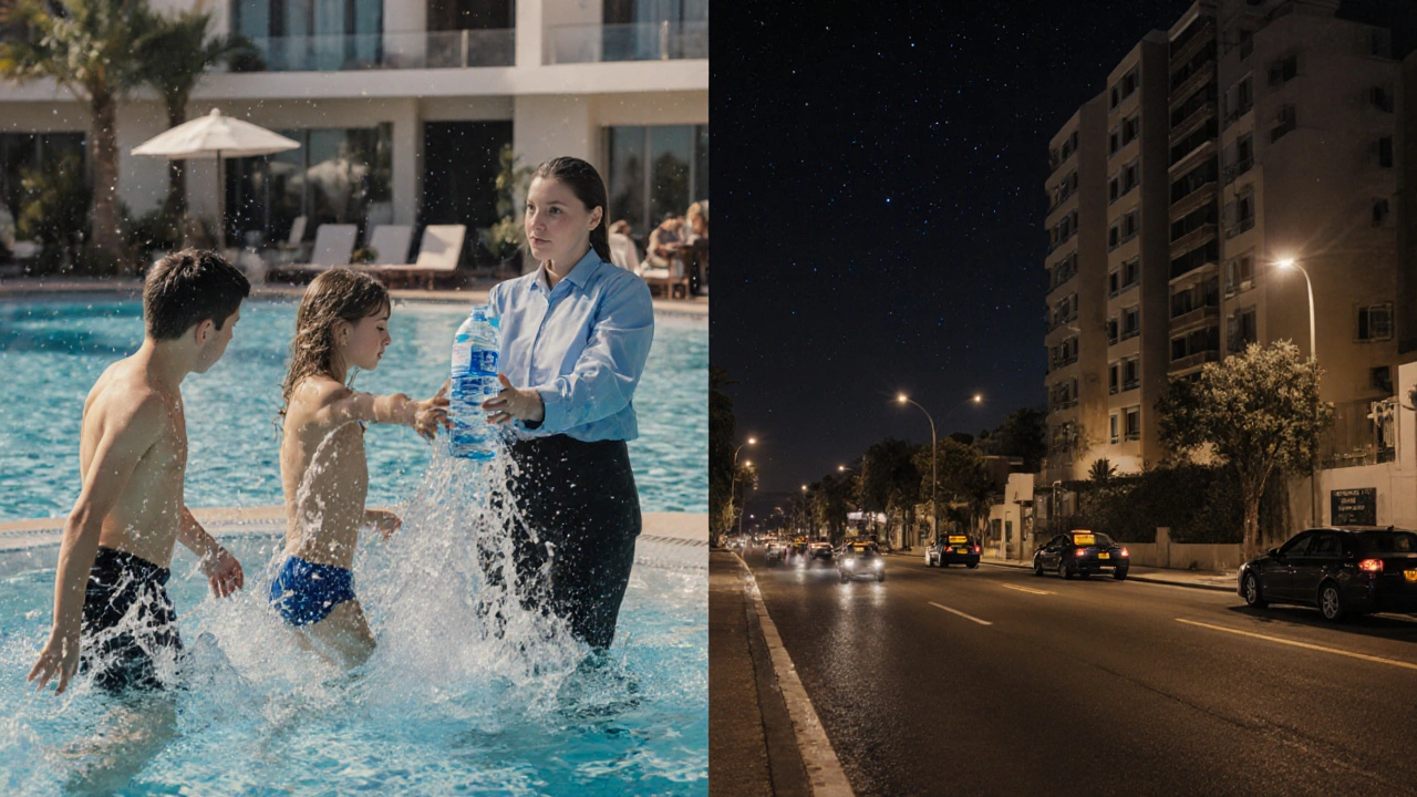 Contrasting scenes: family by hotel pool versus solo traveler walking at night toward unmarked apartment.
