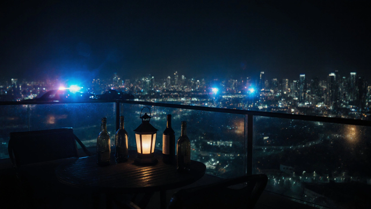 Empty rooftop terrace in Jumeirah with wine bottles and police lights reflecting at night.