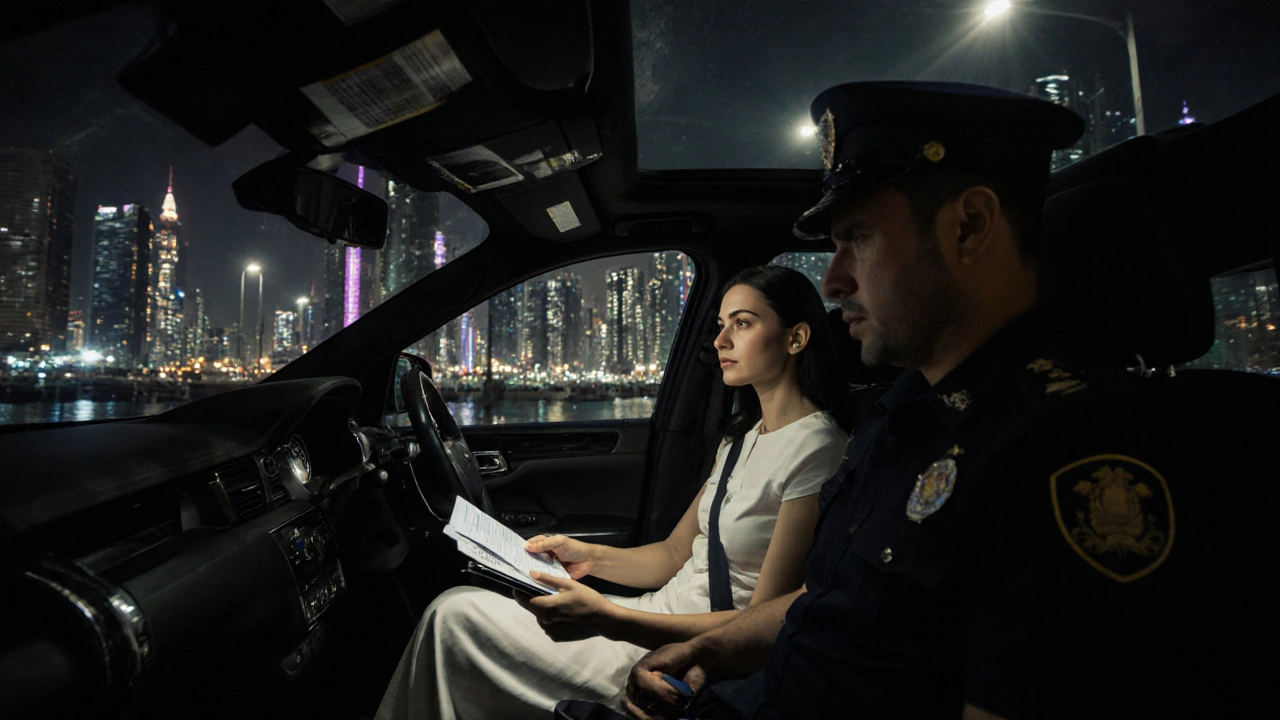 Female driver handing documents to traffic officer at night in Dubai
