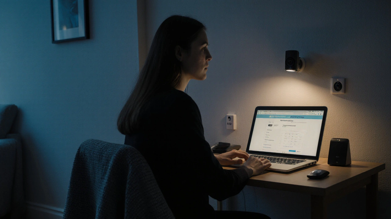 Modern London sex worker in her flat with security camera and laptop.