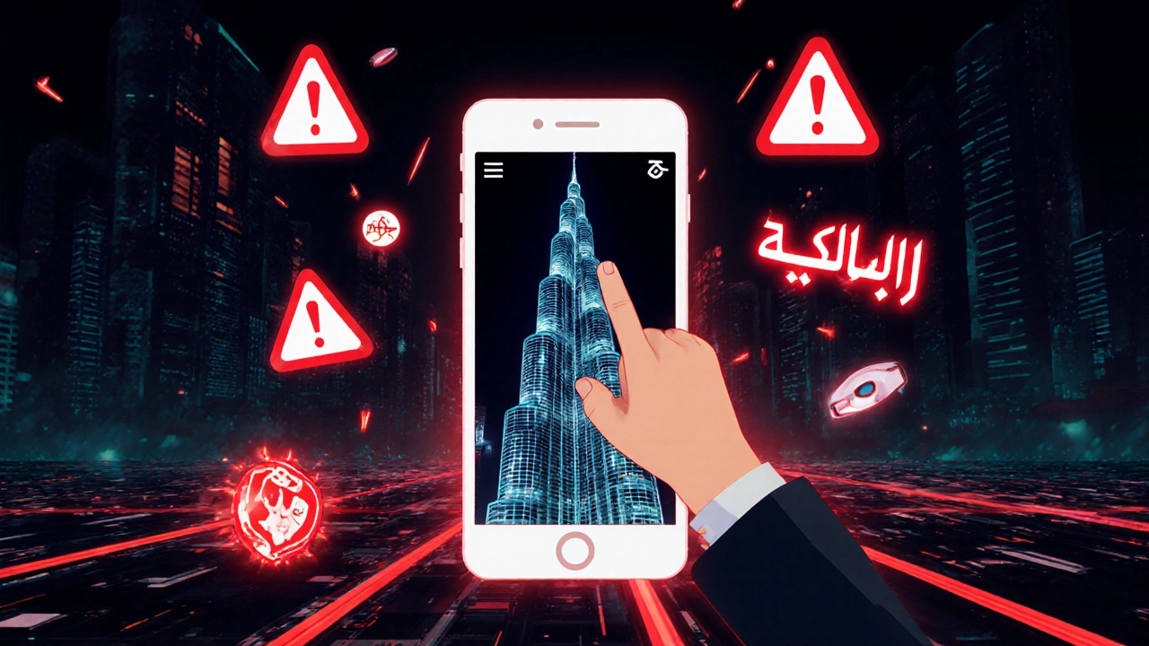 Social media selfie with middle finger and Burj Khalifa, surrounded by cybercrime warning symbols.