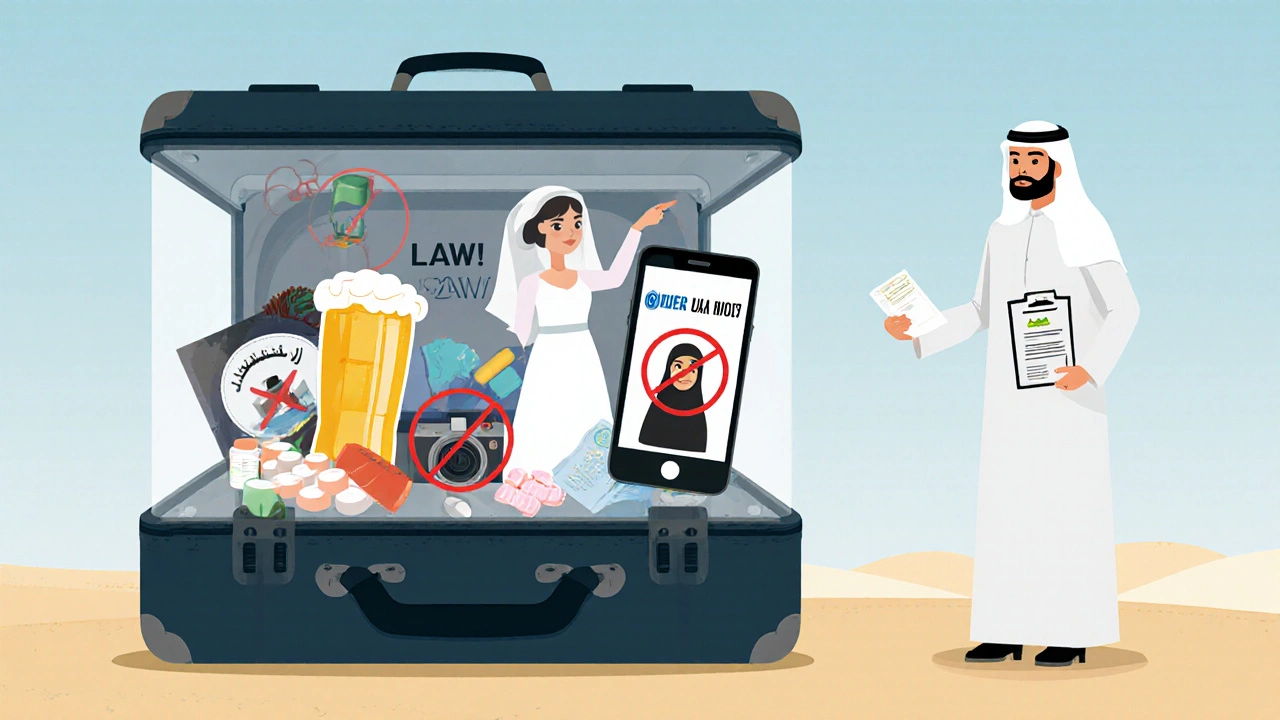 Suitcase filled with banned items enclosed by a legal barrier, with a guide offering modest attire.