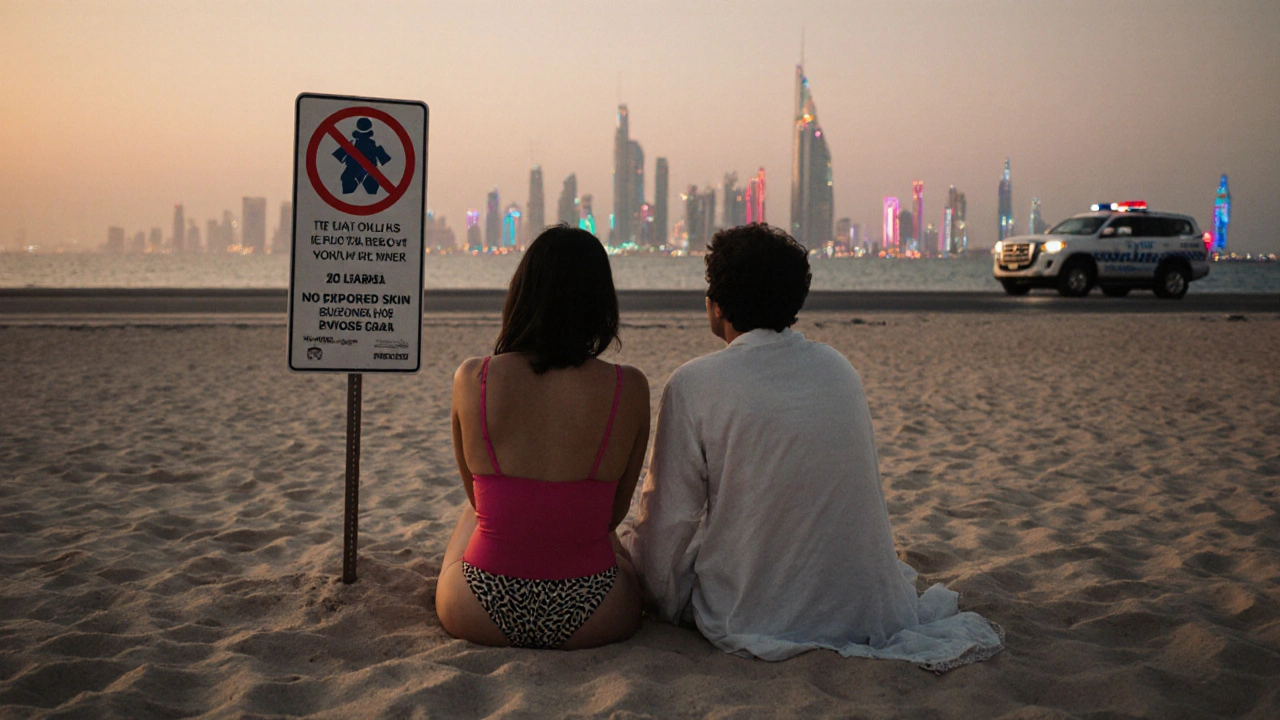 Tourists on a designated beach at sunset with police vehicle in distance