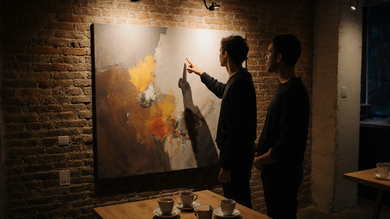 Two people discussing art in a quiet Dubai gallery, sharing a thoughtful moment.