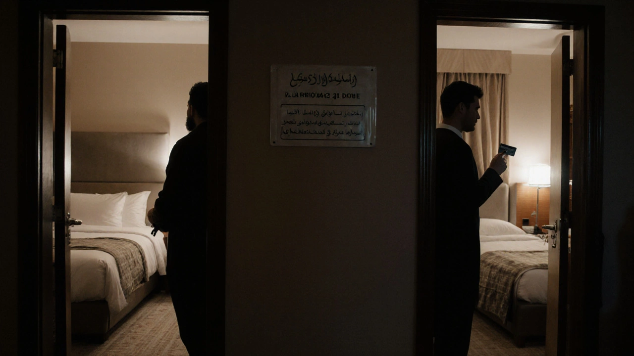 Two separate hotel rooms in a Dubai mid-range hotel, each with a single guest holding a keycard.